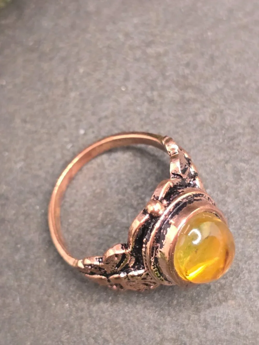 Amber Copper Floral Ring Size 7 Oval Honey Gemstone Statement Jewelry